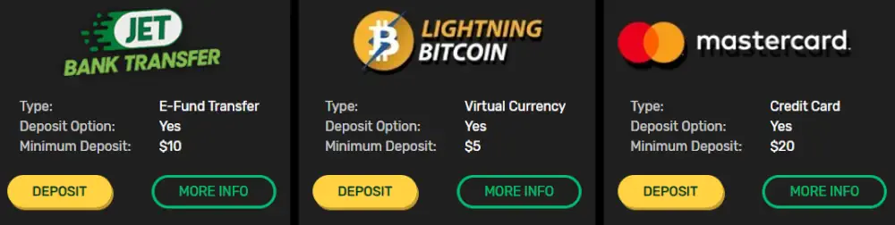 Opciones bancarias de OZwin incluyendo Bitcoin, JET y Mastercard